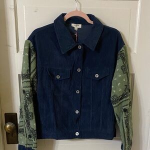 Umgee Blue Corduroy Jacket with Green Patterned Sleeves